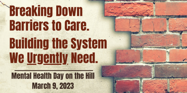 A photo of a brick wall with the text: Breaking down barriers to care. Building the system we urgently need. Mental Health Day on the Hill, March 9, 2023.