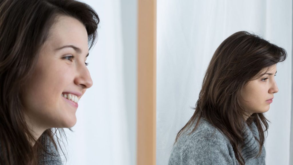 Woman happy and then same woman sad