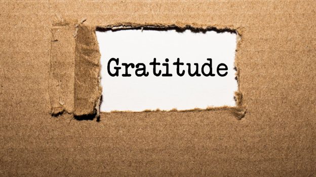 The word Gratitude torn out of a cardboard box