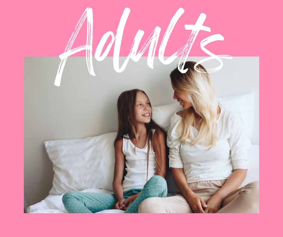 Mom with young teen on a bed with the text "Adults" overlaid