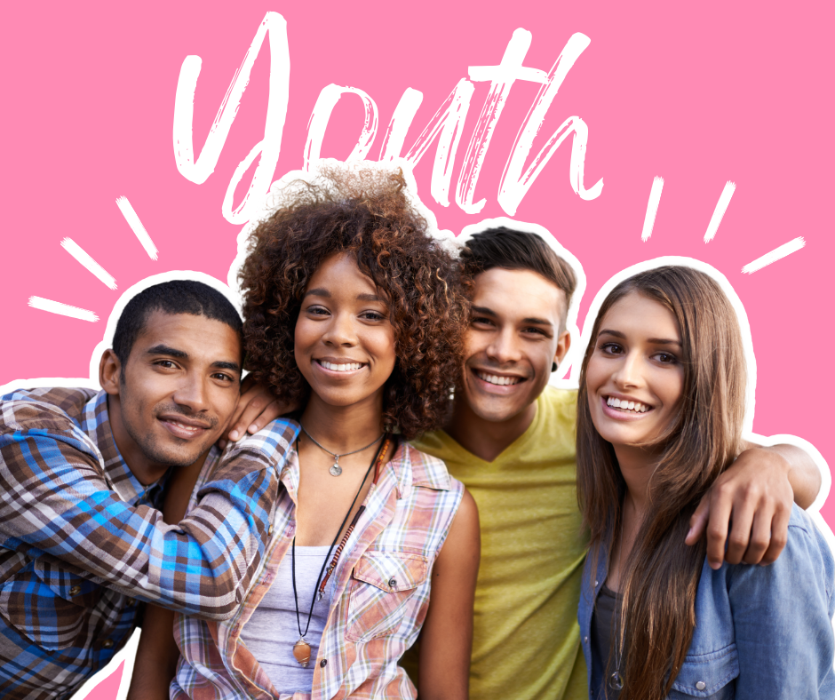 Group of teens smiling with the word "Youth"