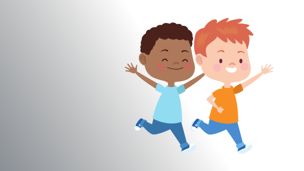 Illustration of two boys smiling and running in the same direction
