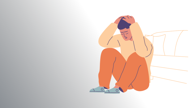 Illustration of a man sitting on the floor in front of a couch with his head in his hands