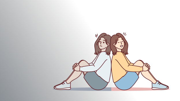 Illustration of a woman sitting back-to-back with herself, one with a happy expression and one with a sad expression