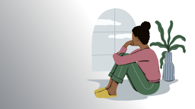 Illustration of a woman sitting on the floor gazing out a window