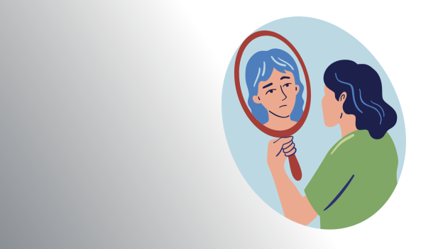 Illustration of a woman holding up a hand mirror and looking at herself in the mirror