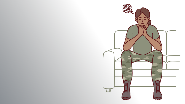 Illustration of a soldier in fatigues sitting on a couch looking distressed