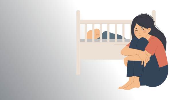 Illustration of a women sitting on the floor clutching her legs and looking sad next to a crib with a baby in it