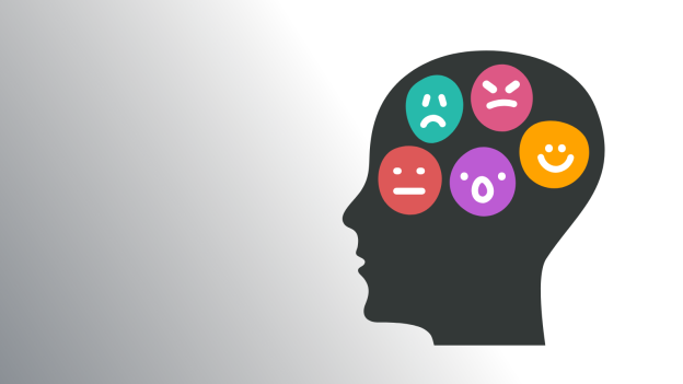 Illustration of a head with circles with various emojis representing different emotional states inside