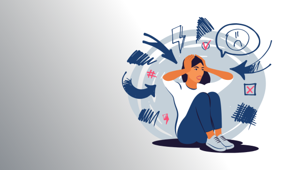 Illustration of a person sitting on the floor holding their head surrounded by symbols pointing to them representing distress